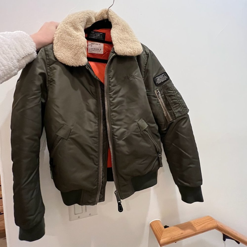 Olive Bomber Jacket with Shearling Collar